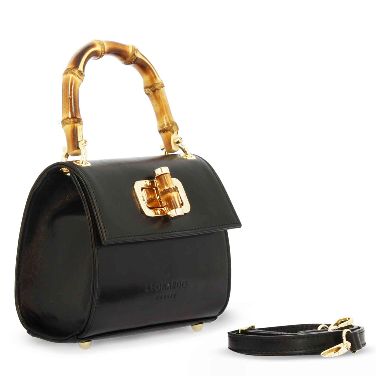 Borsa a mano artigianale da donna in pelle nera con manico bambù - LeonardoShoes