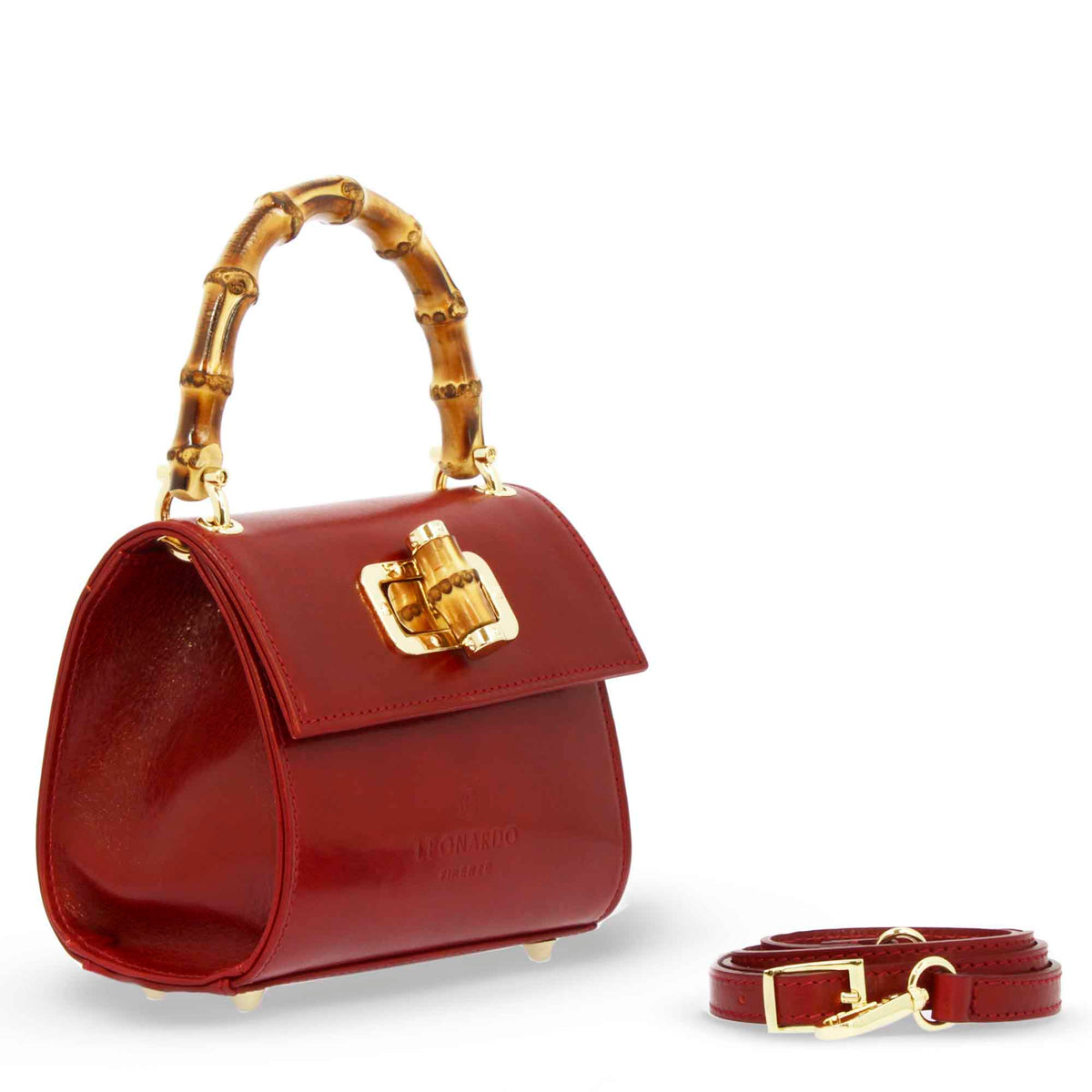 Borsa a mano artigianale da donna in pelle rossa con manico bambù - LeonardoShoes