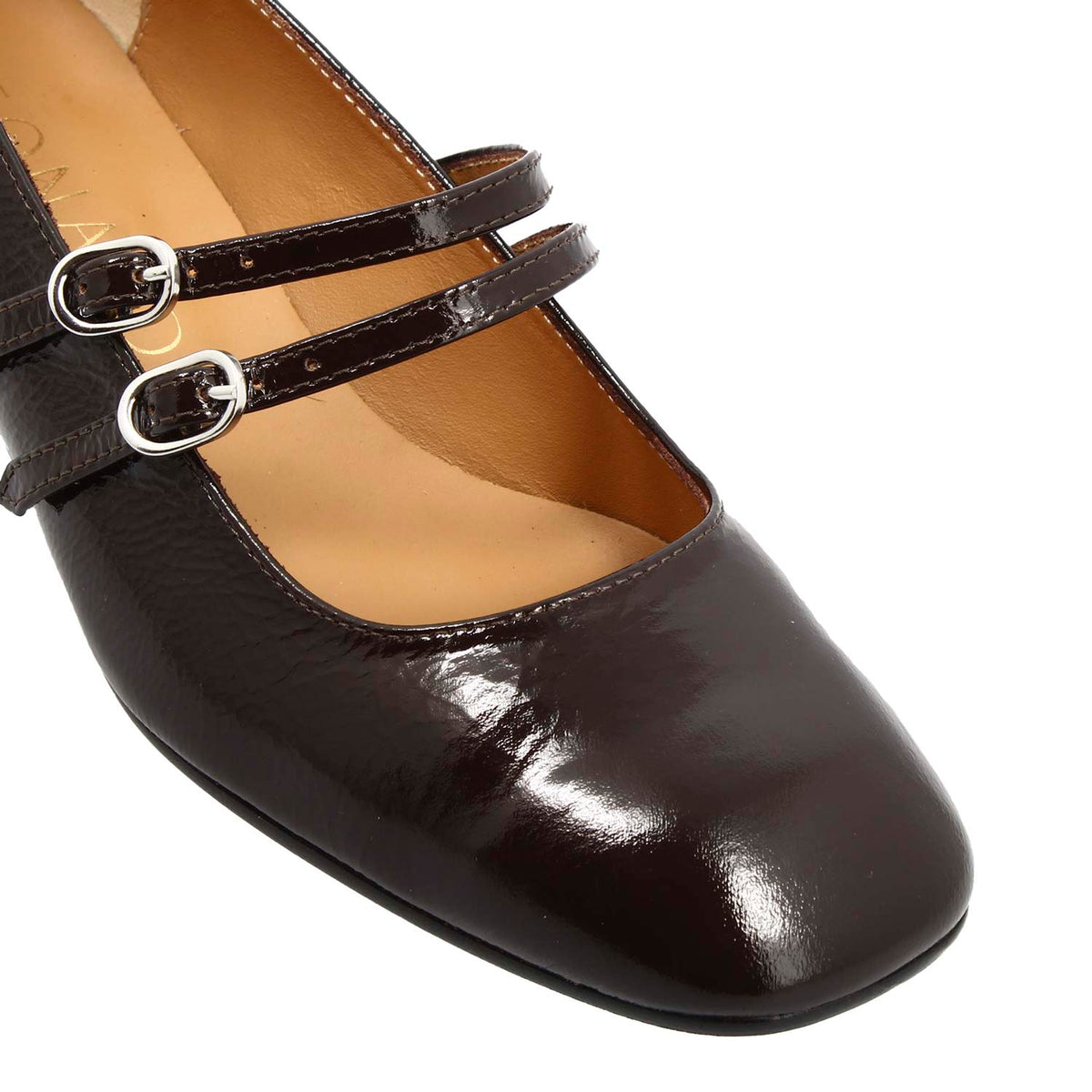 Décolleté Mary Jane in pelle lucida stropicciata marrone scuro - LeonardoShoes