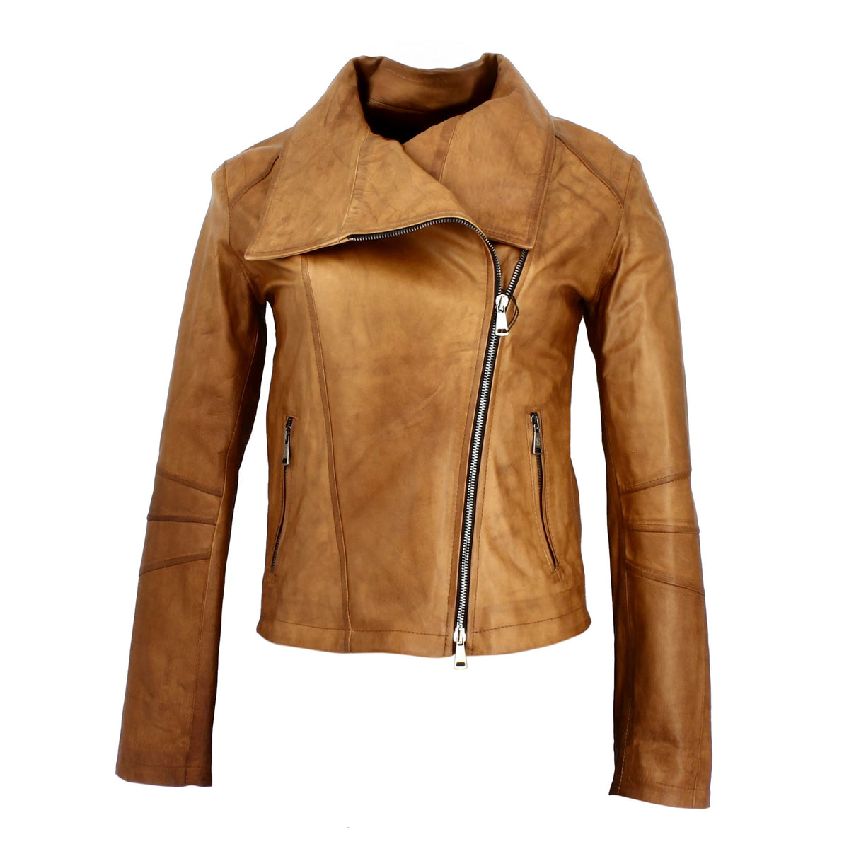 Giacca da donna in pelle marrone collo alto e doppio petto - LeonardoShoes