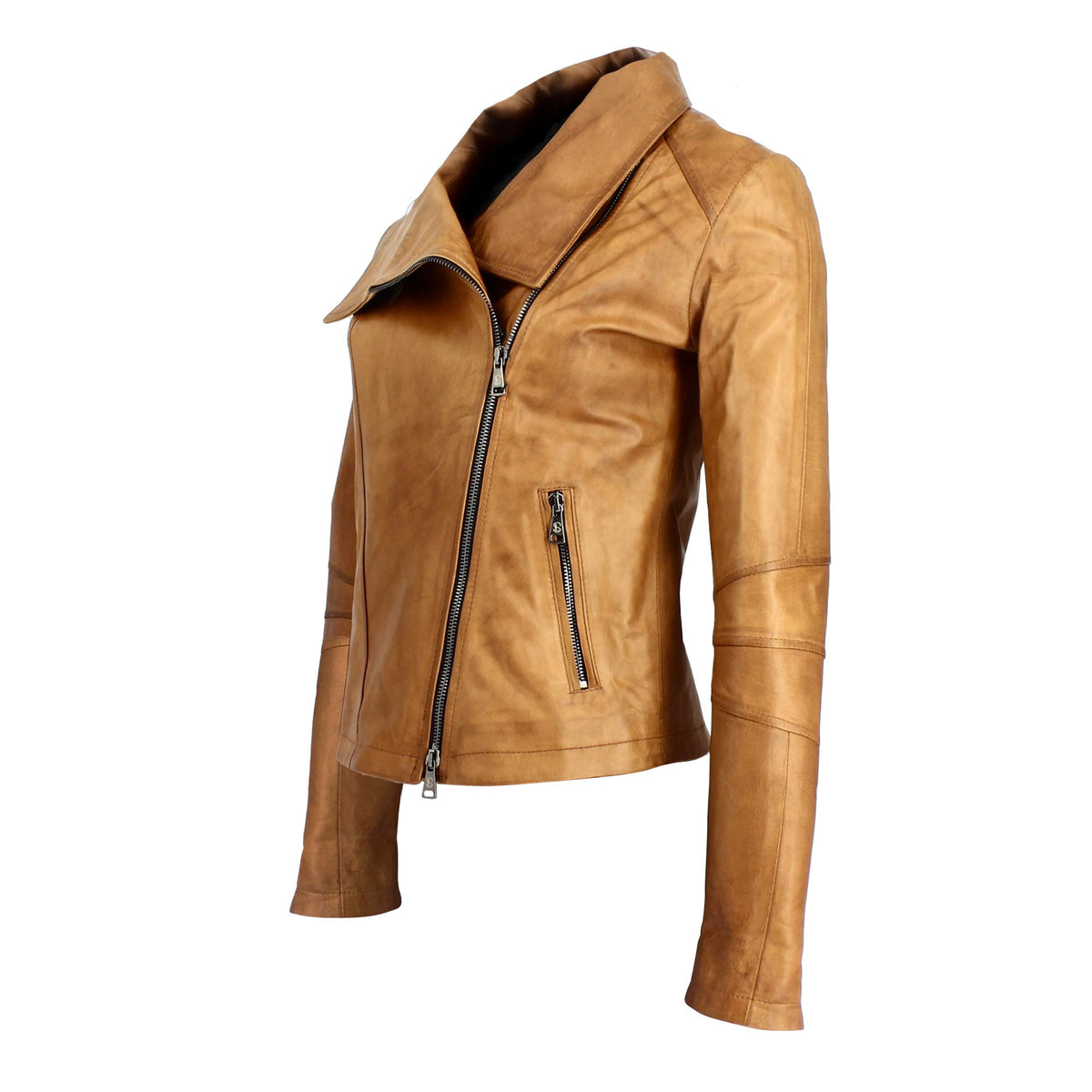 Giacca da donna in pelle marrone collo alto e doppio petto - LeonardoShoes