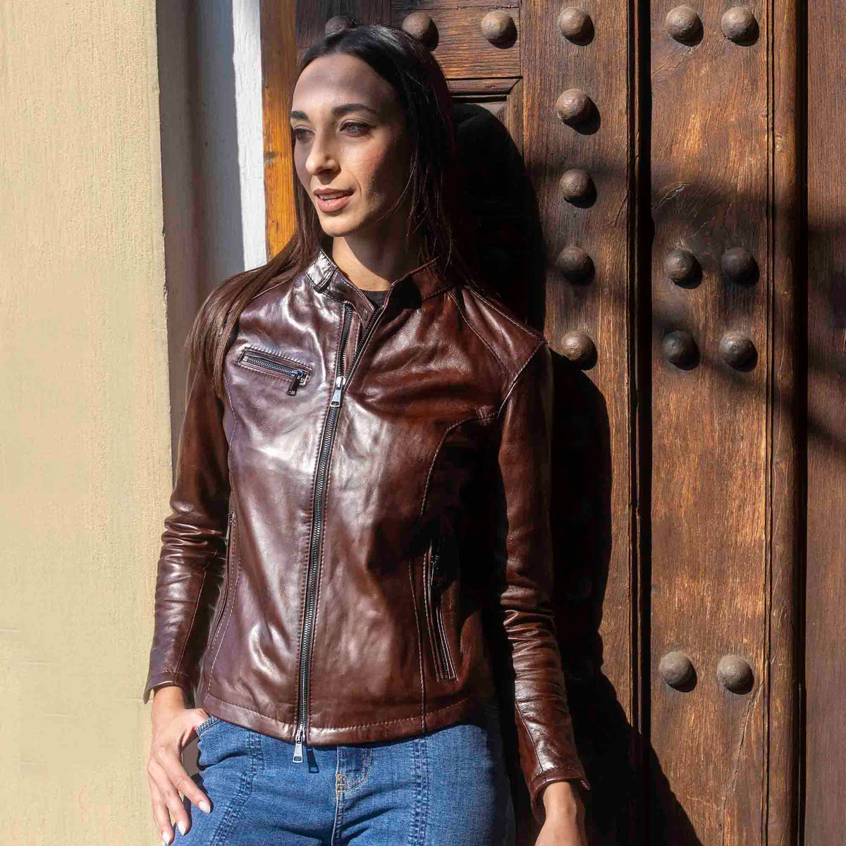 Giacca da donna in pelle alta qualità marrone conciata al vegetale - LeonardoShoes