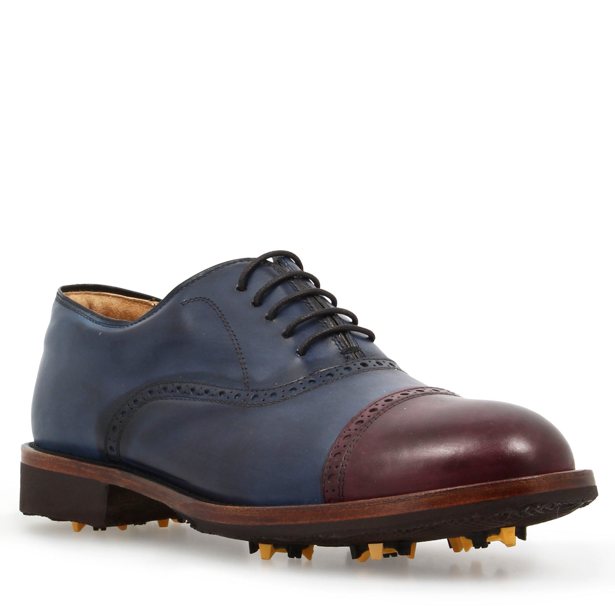 Scarpe da golf artigianali in pelle colore blu e bordeaux tinta a mano - LeonardoShoes