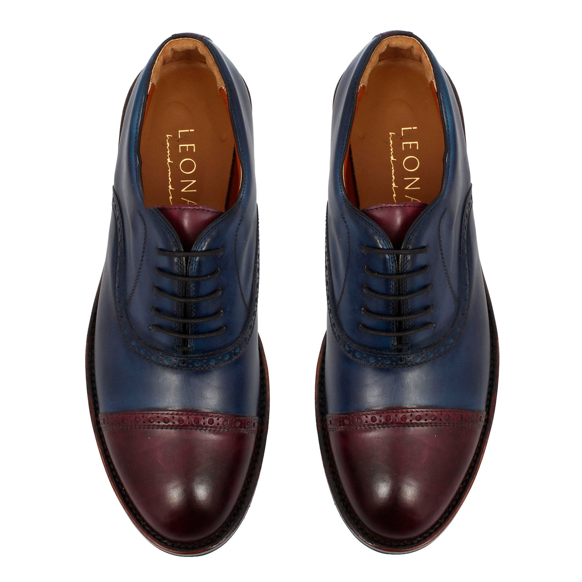 Scarpe da golf artigianali in pelle colore blu e bordeaux tinta a mano - LeonardoShoes