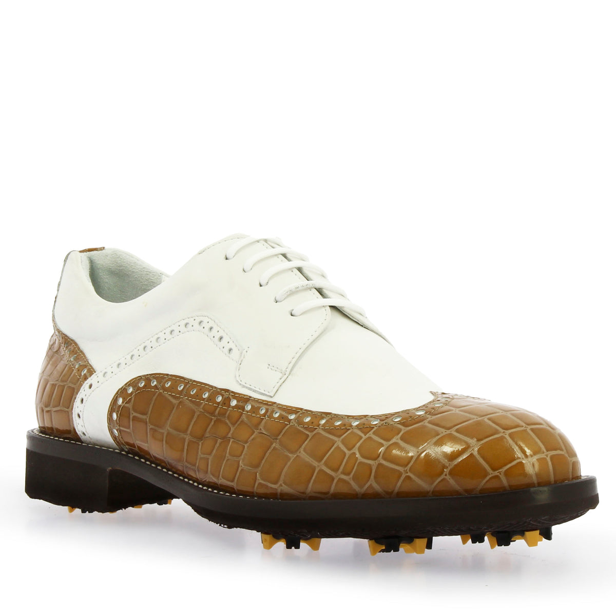 Scarpe da golf artigianali in pelle colore bianco e cocco marrone - LeonardoShoes