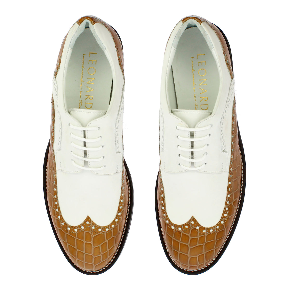 Scarpe da golf artigianali in pelle colore bianco e cocco marrone - LeonardoShoes