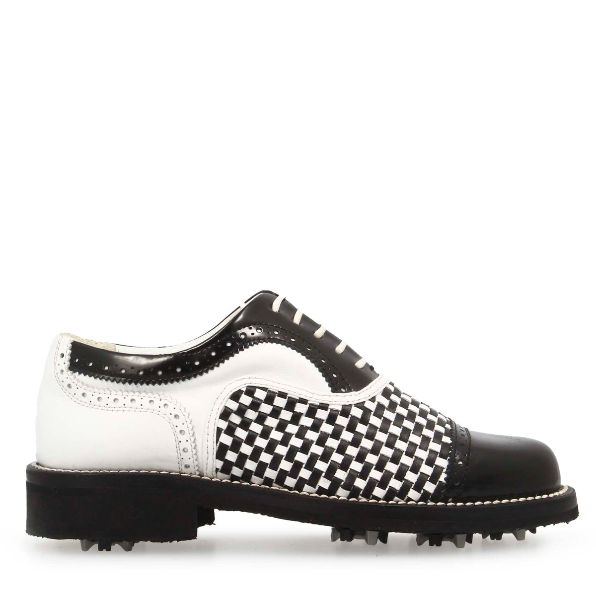 Scarpe da golf artigianali in pelle intrecciata bianca e nera - LeonardoShoes