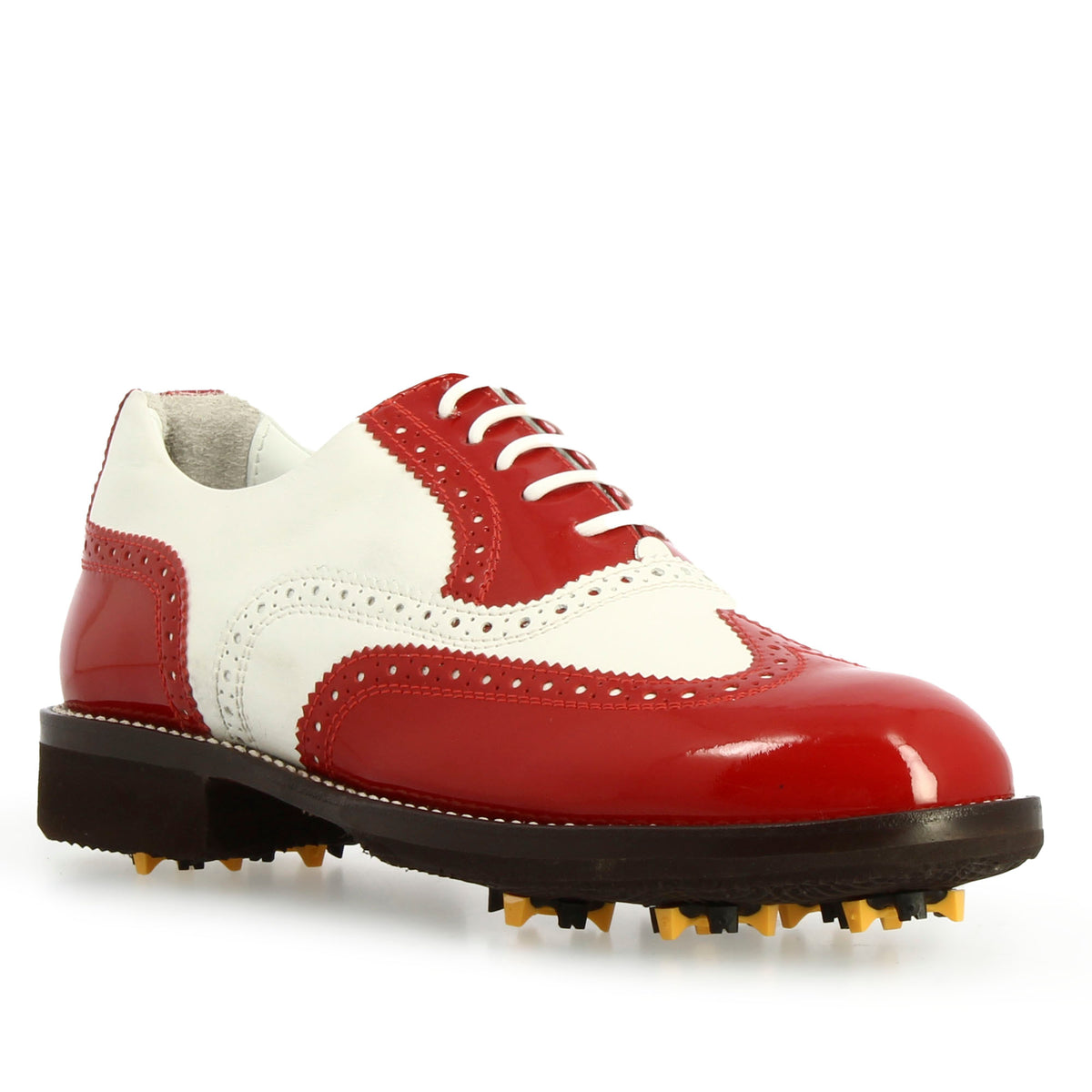 Scarpe da golf artigianali in pelle bianca con dettagli colore rosso - LeonardoShoes