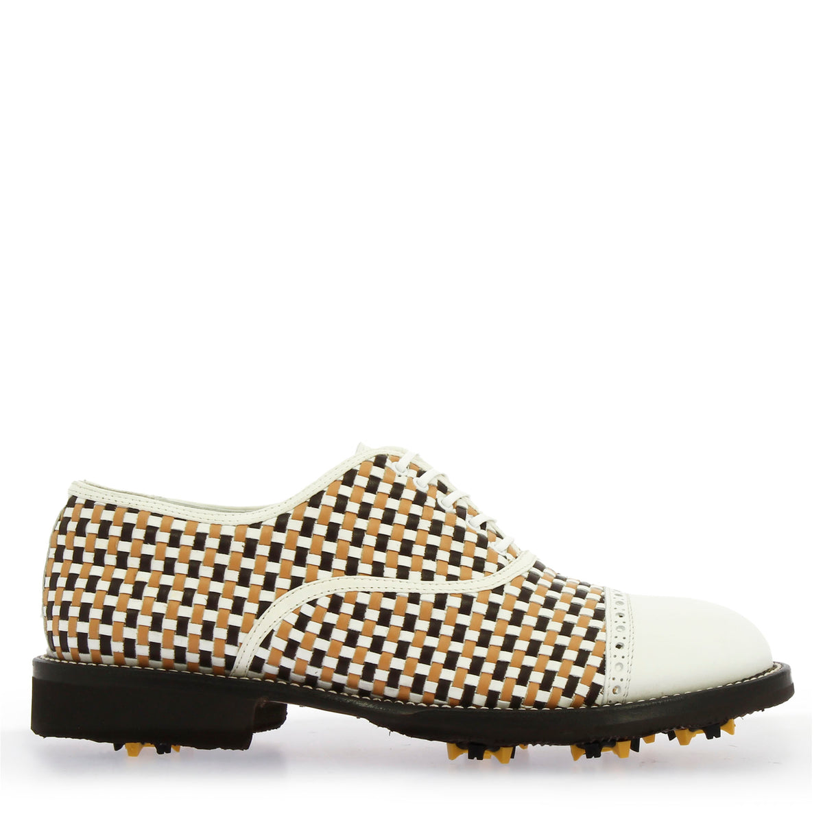 Scarpe da golf artigianali in pelle intrecciata bianca e marrone - LeonardoShoes