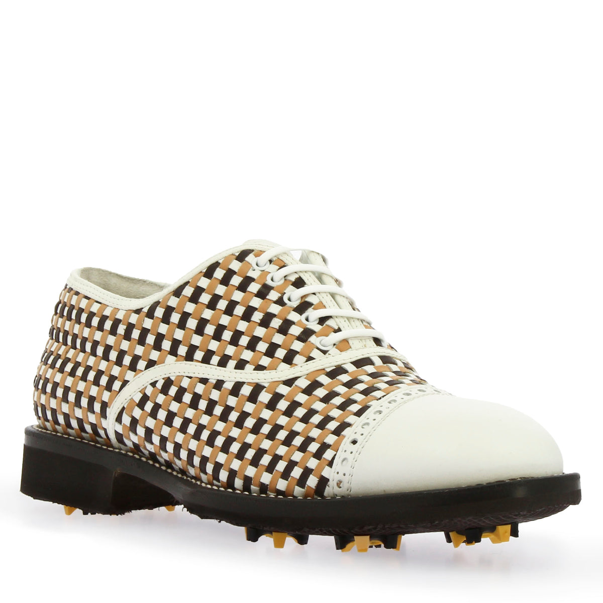 Scarpe da golf artigianali in pelle intrecciata bianca e marrone - LeonardoShoes