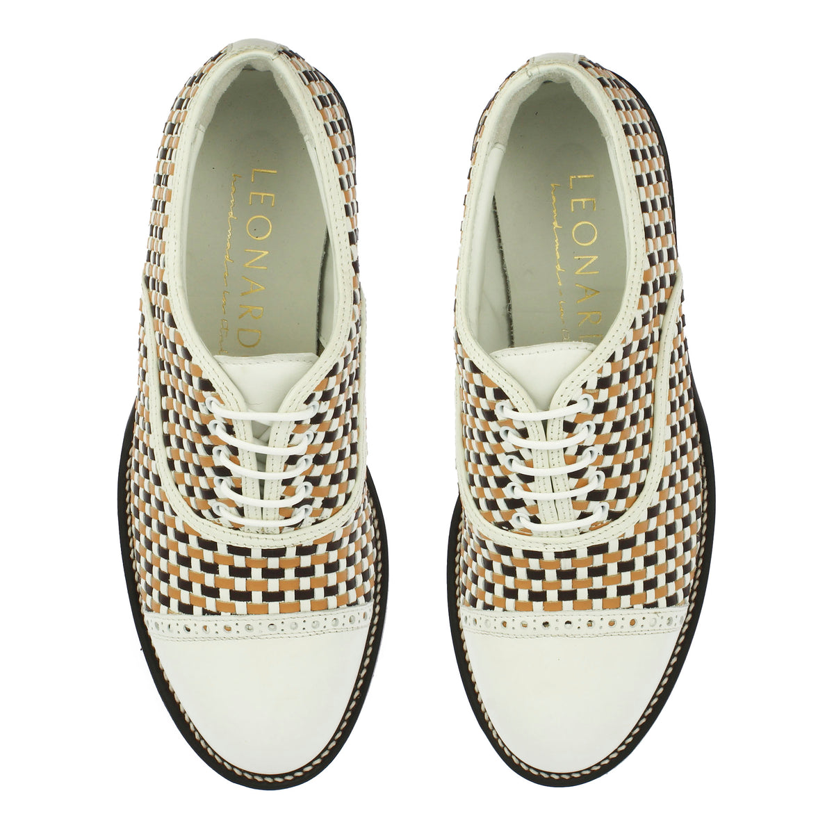 Scarpe da golf artigianali in pelle intrecciata bianca e marrone - LeonardoShoes