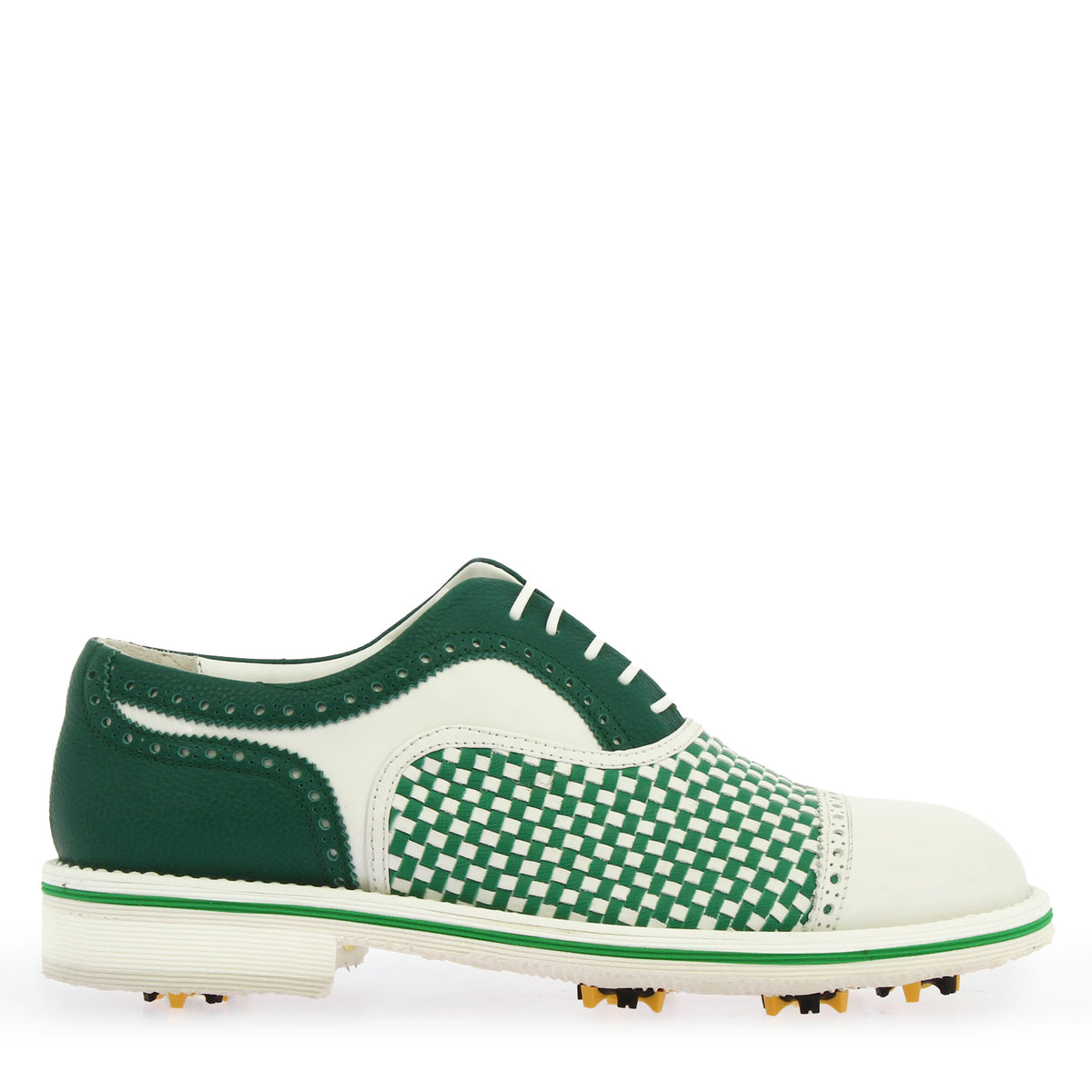 Scarpe da golf artigianali in pelle intrecciata bianca e verde - LeonardoShoes