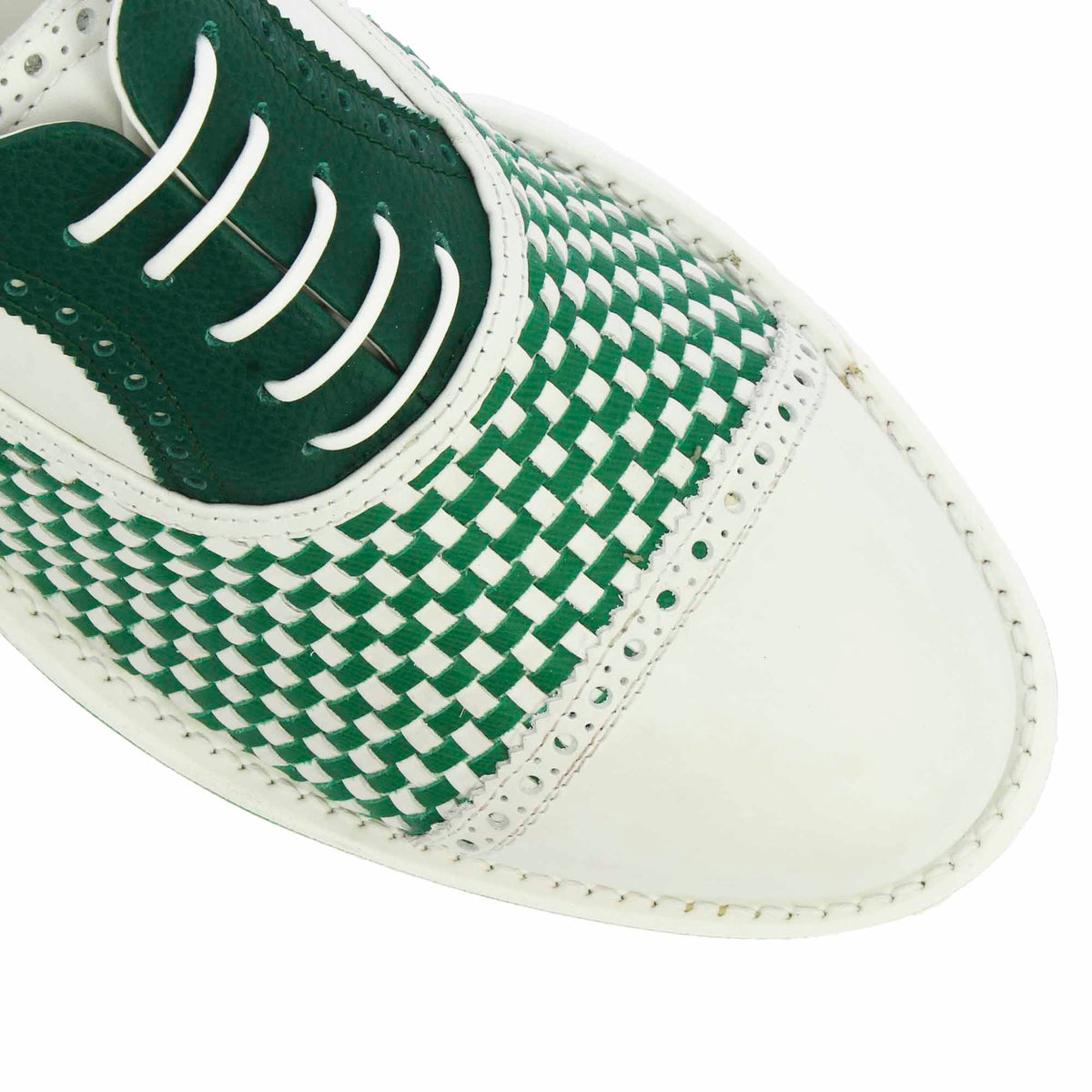 Scarpe da golf artigianali in pelle intrecciata bianca e verde - LeonardoShoes