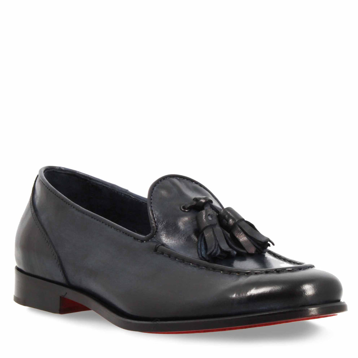 Mocassini da donna artigianali in pelle blu con nappine - LeonardoShoes