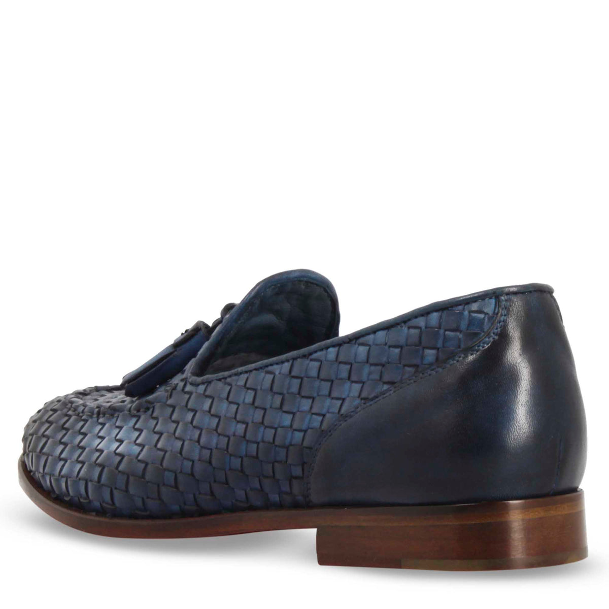 Mocassini da donna artigianali in pelle intrecciata blu con nappine - LeonardoShoes