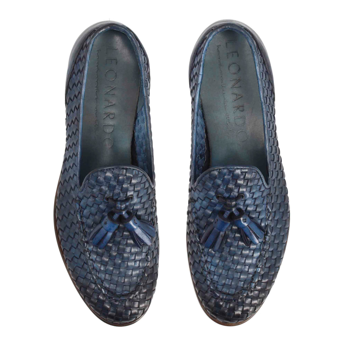Mocassini da donna artigianali in pelle intrecciata blu con nappine - LeonardoShoes