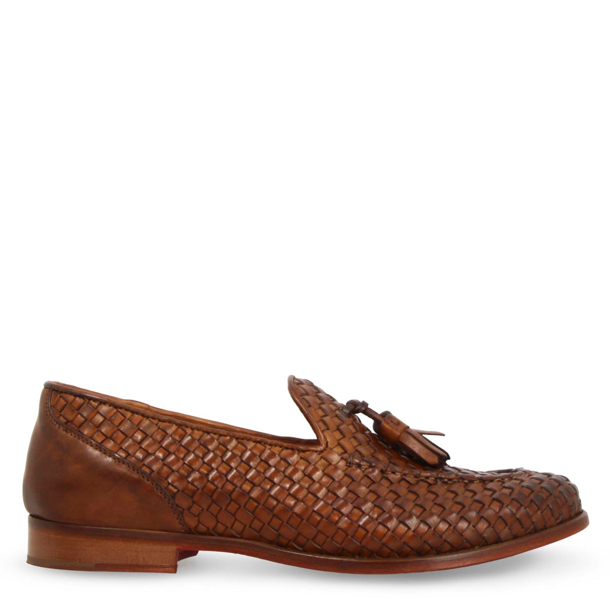 Mocassini artigianali da donna in pelle intrecciata marrone con nappine - LeonardoShoes