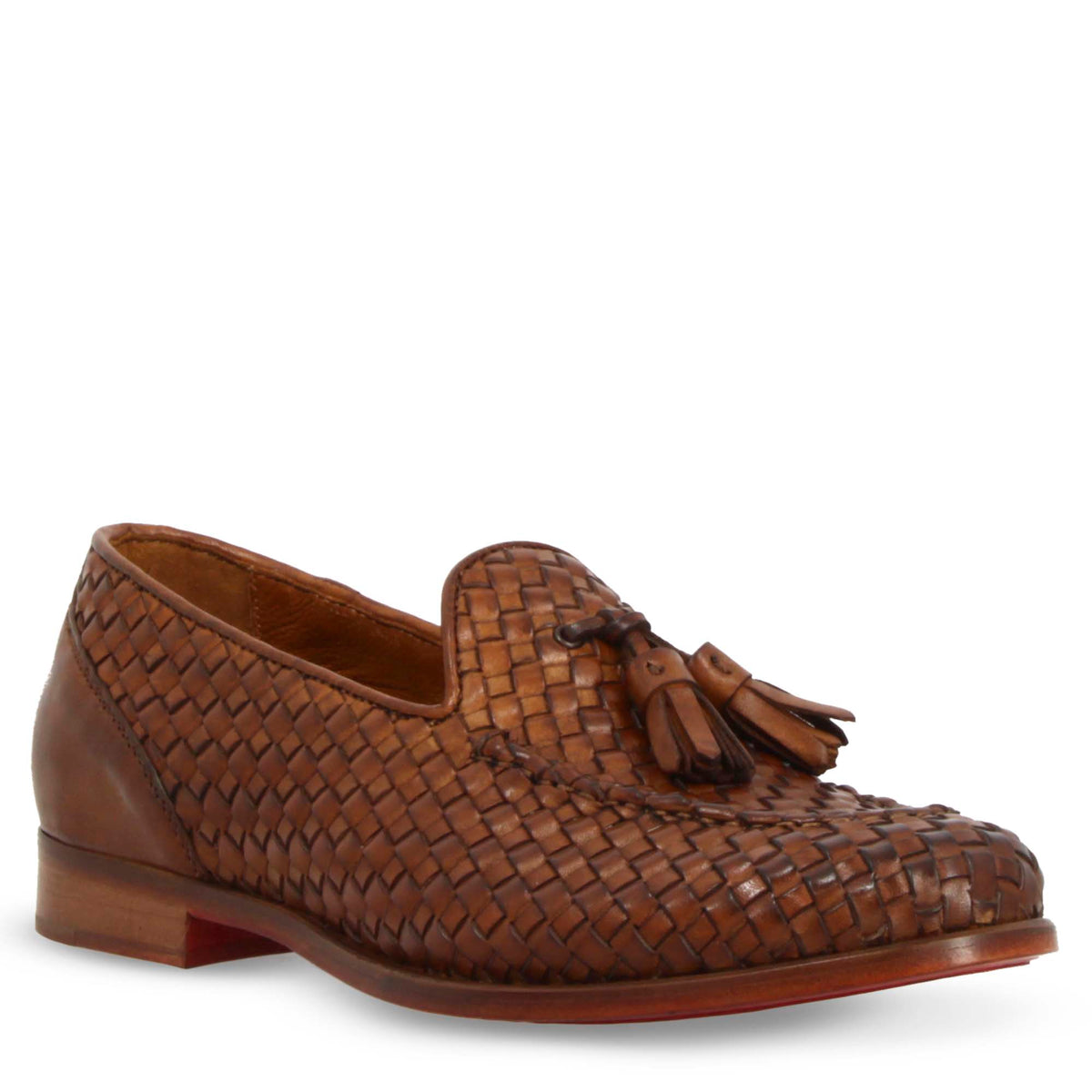 Mocassini artigianali da donna in pelle intrecciata marrone con nappine - LeonardoShoes