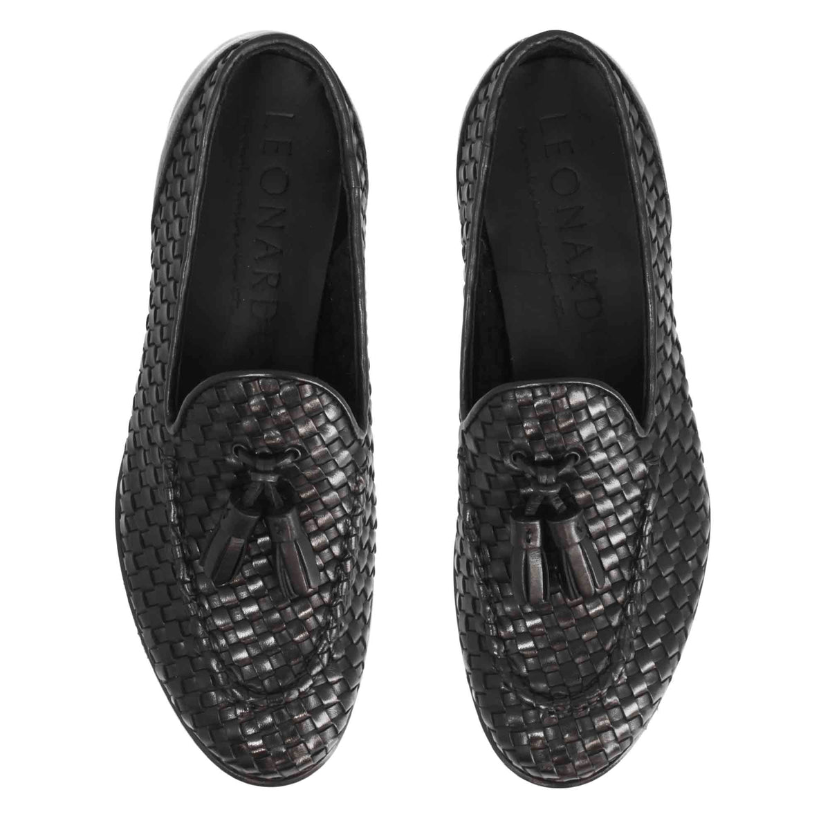 Mocassini da donna artigianali in pelle intrecciata nero con nappine - LeonardoShoes