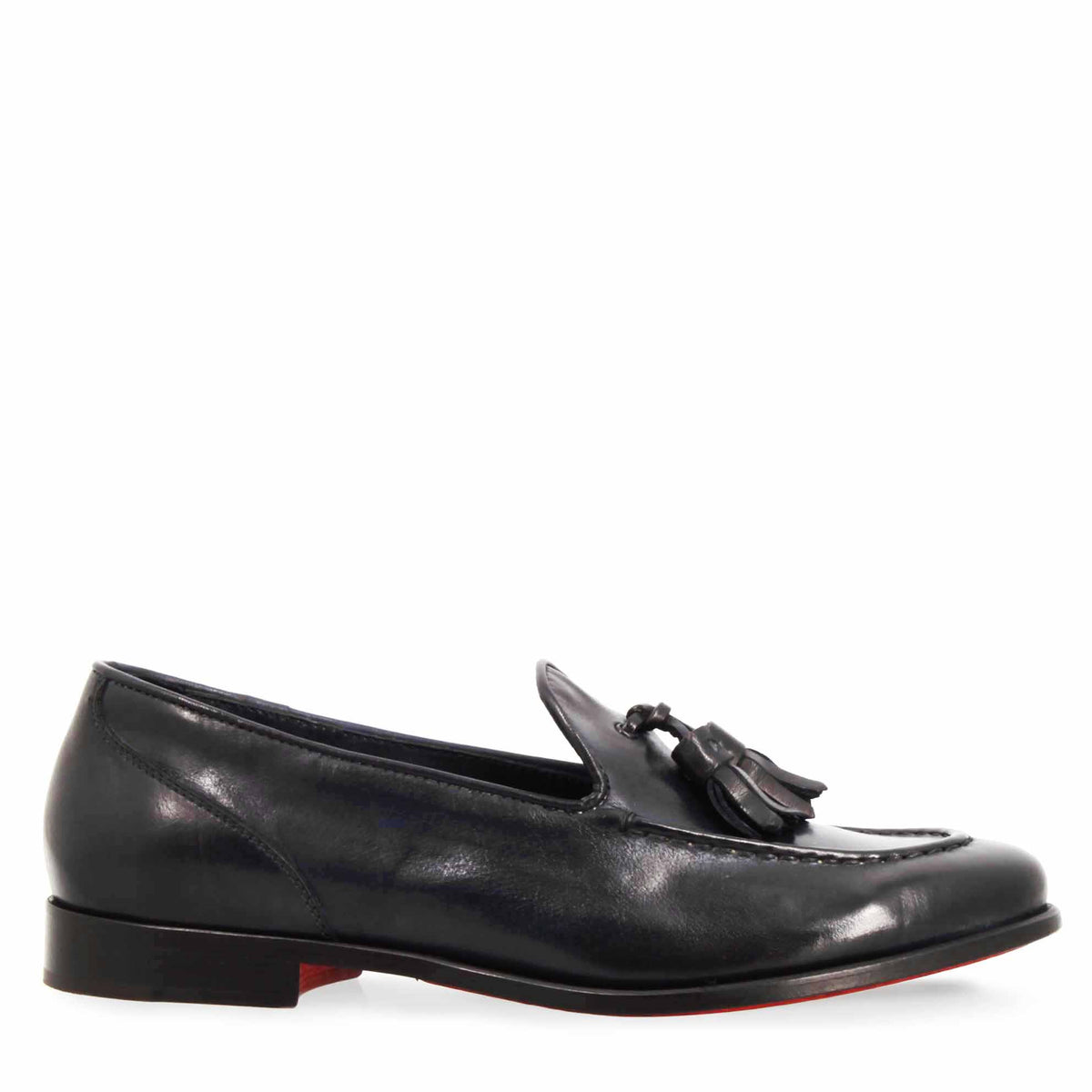 Mocassini da donna artigianali in pelle nera con nappine - LeonardoShoes