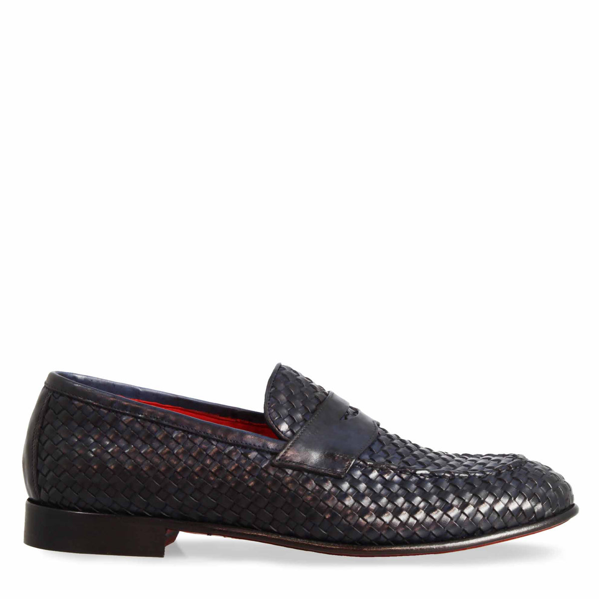 Mocassini da uomo artigianali in pelle intrecciata blu - LeonardoShoes