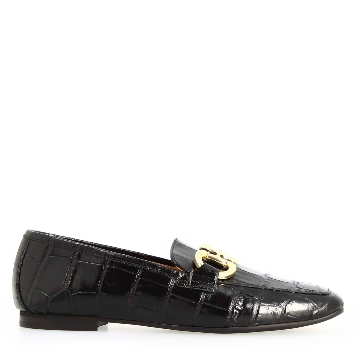 Mocassino artigianale da donna in pelle stampa cocco nero con morsetto - LeonardoShoes