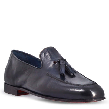 Mocassino blu da uomo artigianali in pelle con nappine - LeonardoShoes