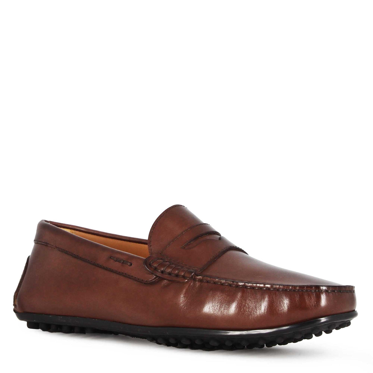 Mocassino casual da uomo in pelle colore marrone scuro con suola con gommini - LeonardoShoes