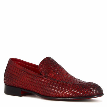 Mocassino classico da uomo in pelle intrecciata colore rosso - LeonardoShoes