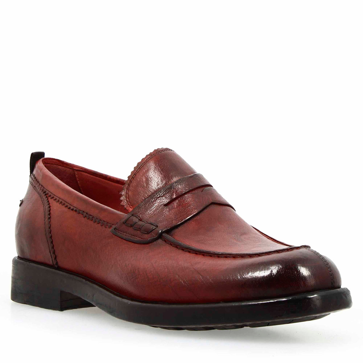 Mocassino college da uomo in pelle pregiata bordeaux - LeonardoShoes