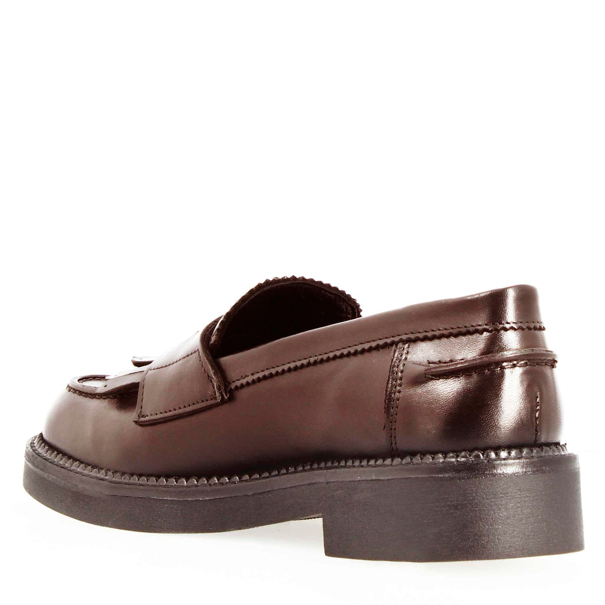 Mocassino da donna fondo robusto in pelle marrone scuro con frange - LeonardoShoes