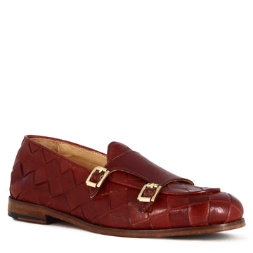 Mocassino da uomo in pelle intrecciata con doppia fibbia colore rosso - LeonardoShoes