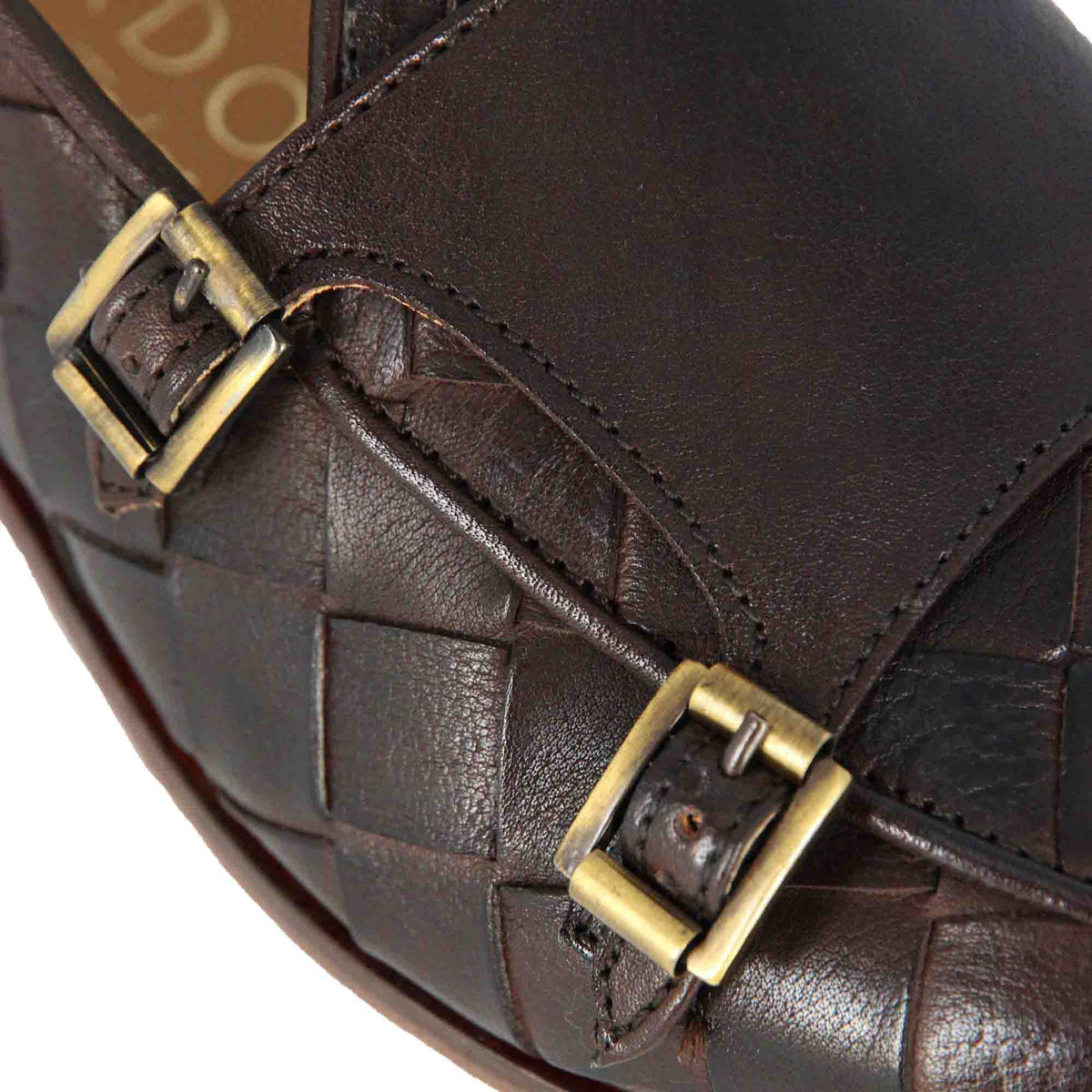 Mocassino marrone scuro con doppia fibbia dorata da uomo in pelle intrecciata - LeonardoShoes