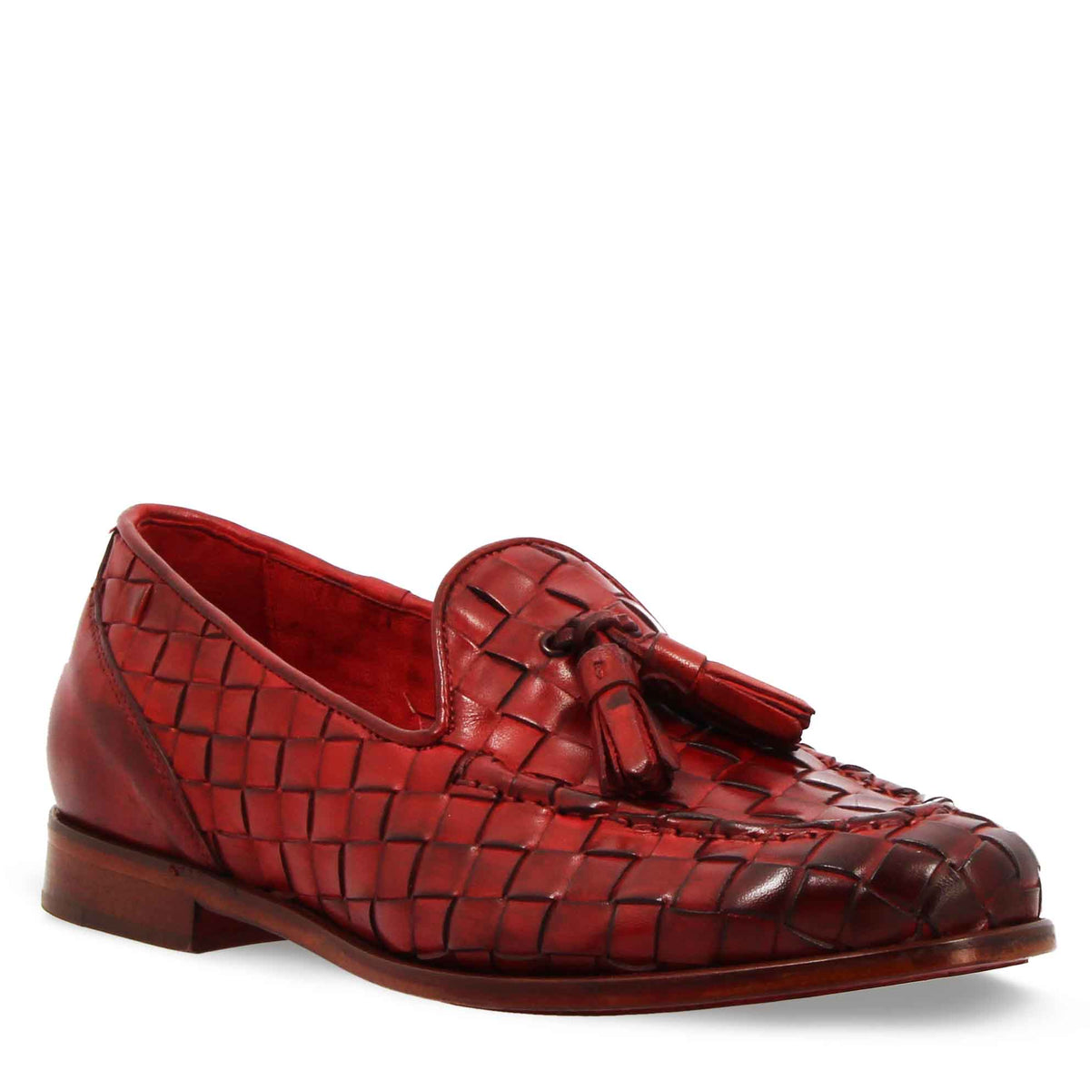 Mocassini da donna artigianali in pelle intrecciata rossa con nappine - LeonardoShoes