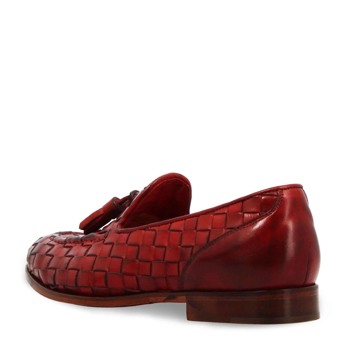 Mocassini da donna artigianali in pelle intrecciata rossa con nappine - LeonardoShoes
