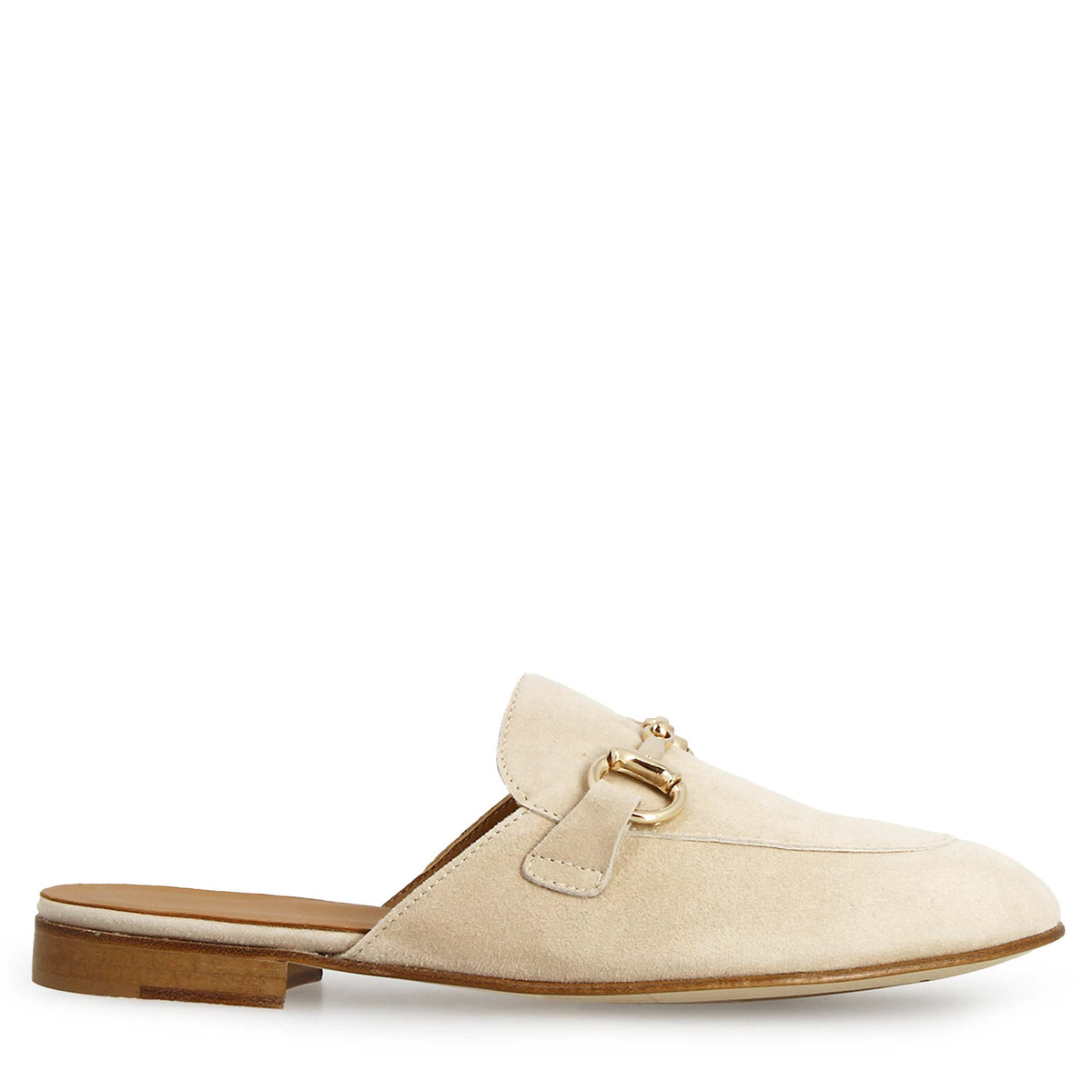 Sabot da donna in pelle scamosciata beige con fibbia oro - LeonardoShoes