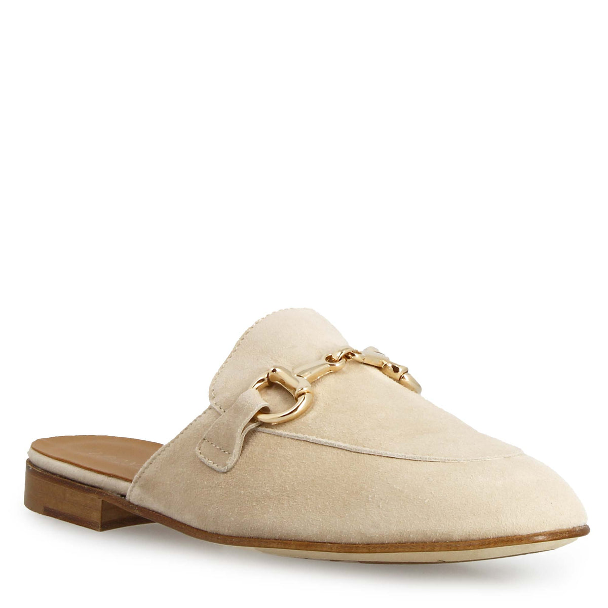 Sabot da donna in pelle scamosciata beige con fibbia oro - LeonardoShoes