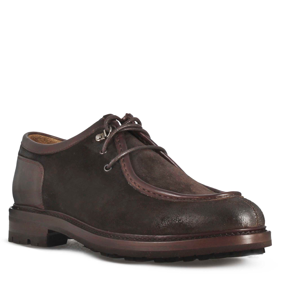Scarpa stringata da uomo modello Ingegnere in pelle scamosciata marrone scuro - LeonardoShoes