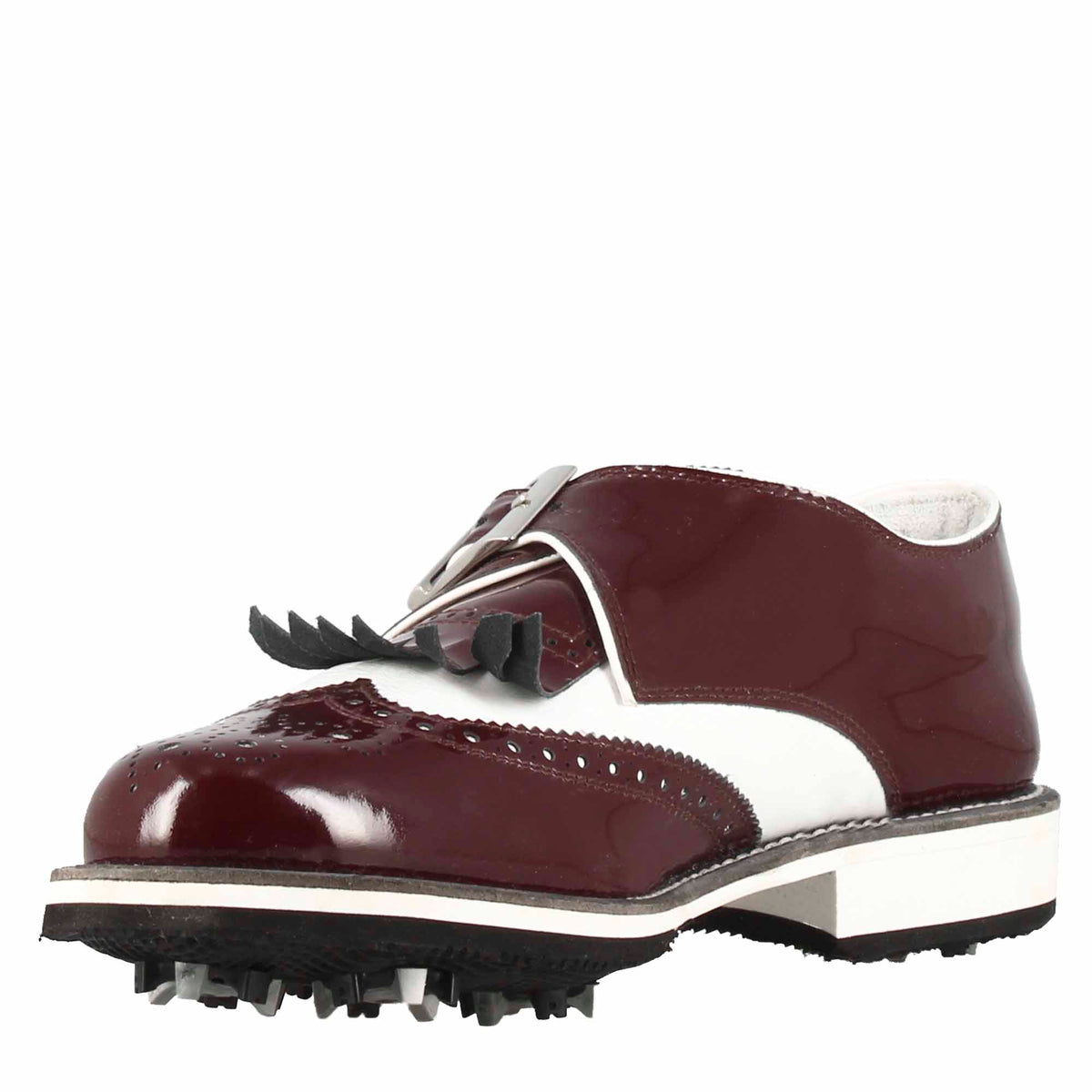 Scarpe con fibbia da golf in pelle bianca e vernice bordeaux - LeonardoShoes