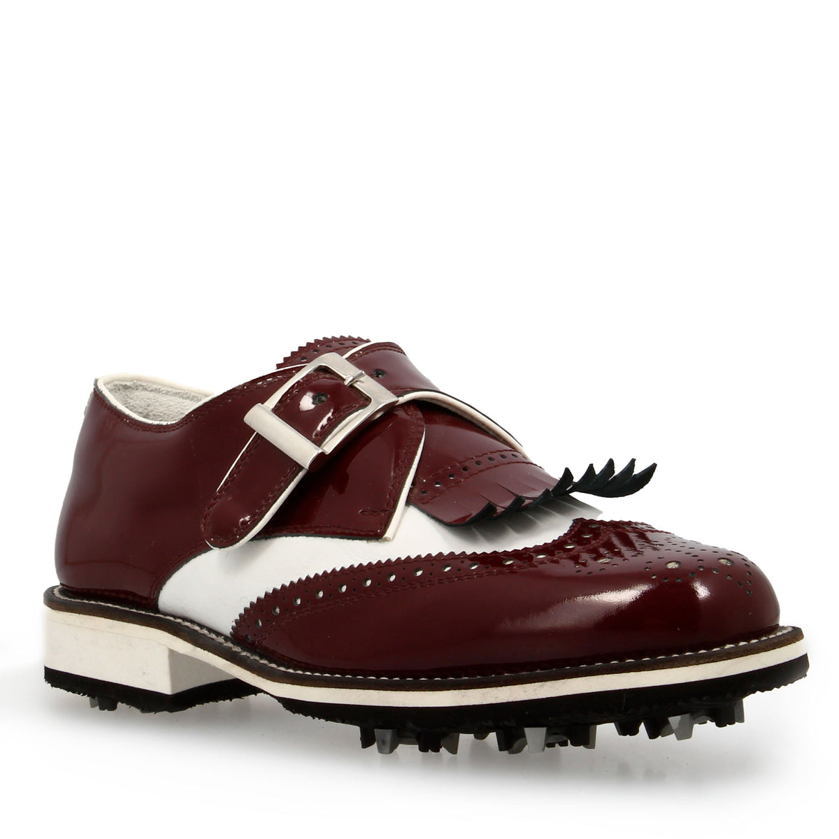 Scarpe con fibbia da golf in pelle bianca e vernice bordeaux - LeonardoShoes