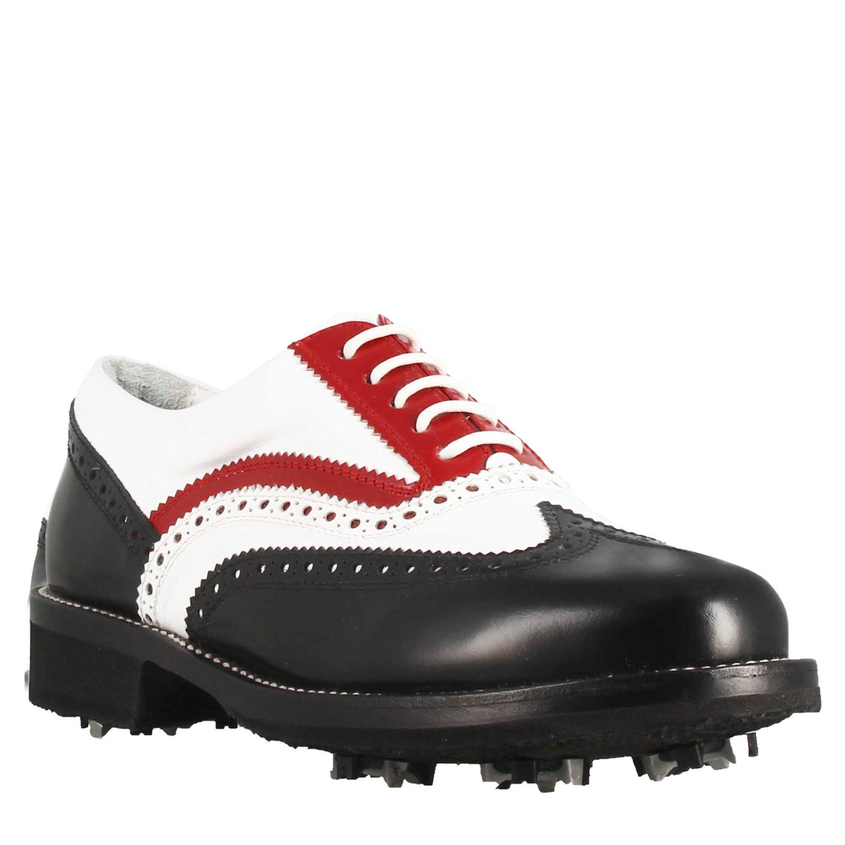 Scarpe da golf artigianali in pelle pieno fiore nero bianco rosso - LeonardoShoes