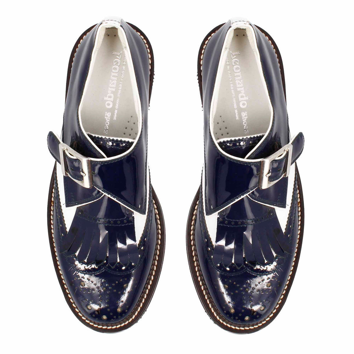 Scarpe con fibbia da golf in pelle bianca e vernice blu - LeonardoShoes