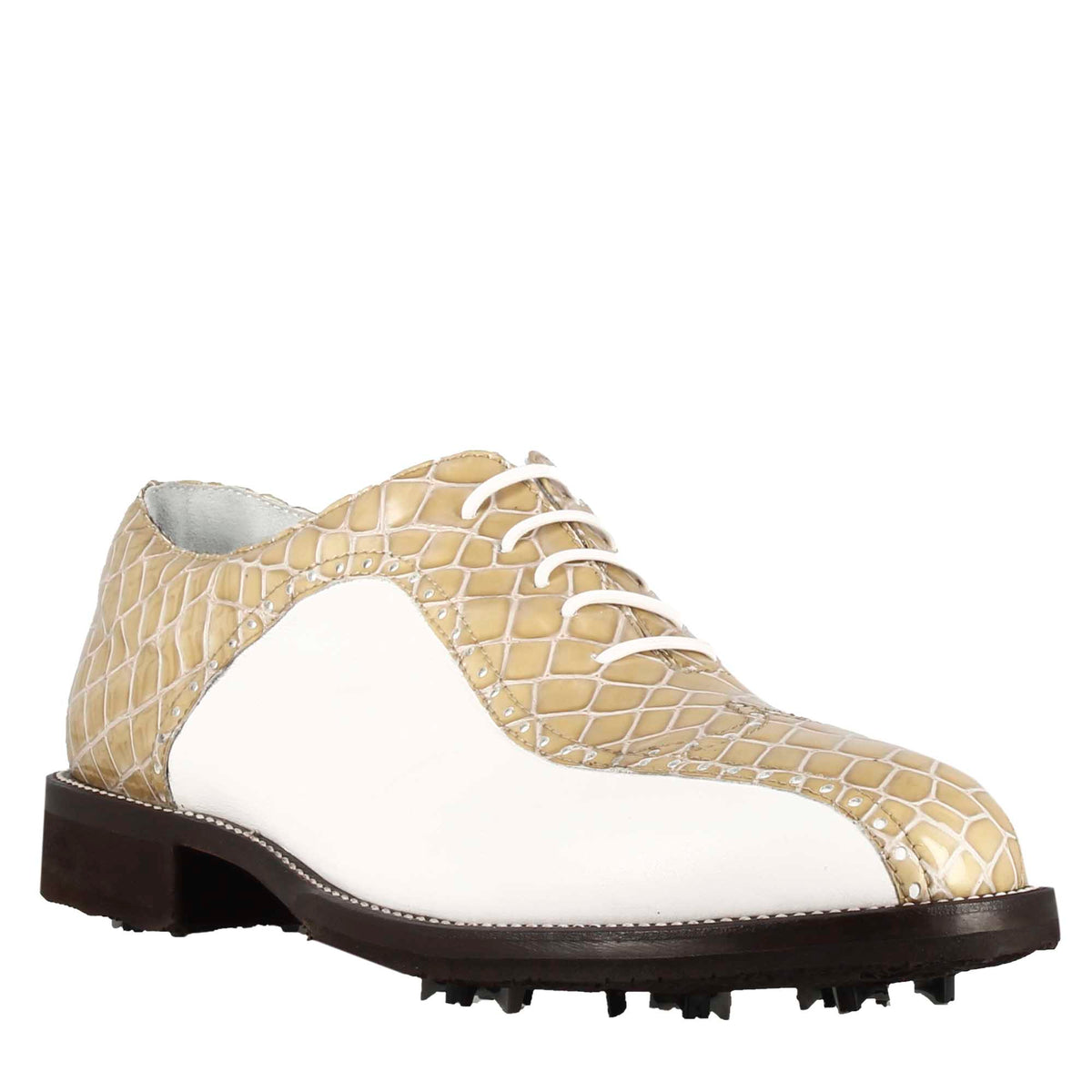 Scarpe da golf in pelle bicolore bianca e beige con stampa cocco - LeonardoShoes