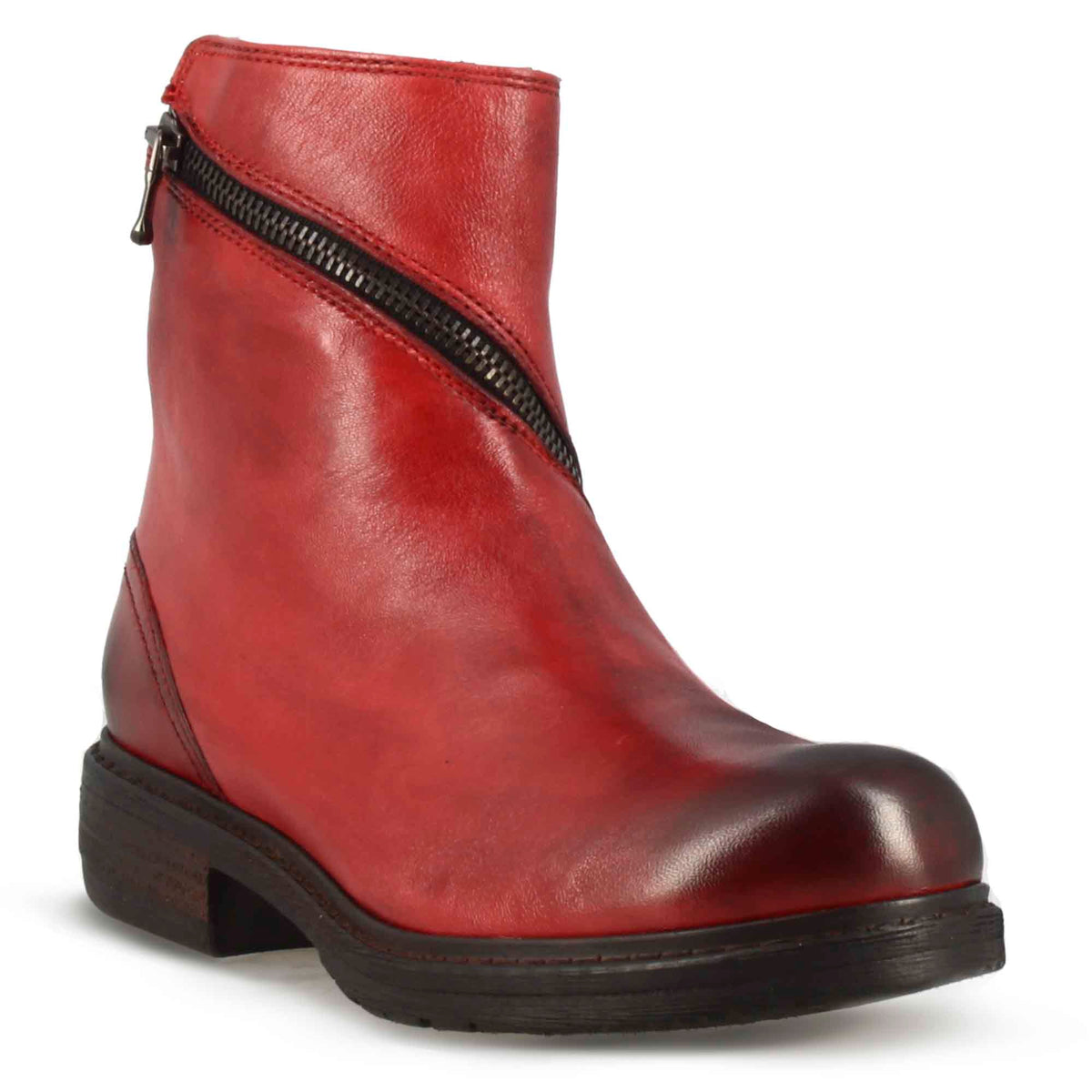 Stivaletto da donna in pelle colore rosso con cerniera asimmetrica - LeonardoShoes
