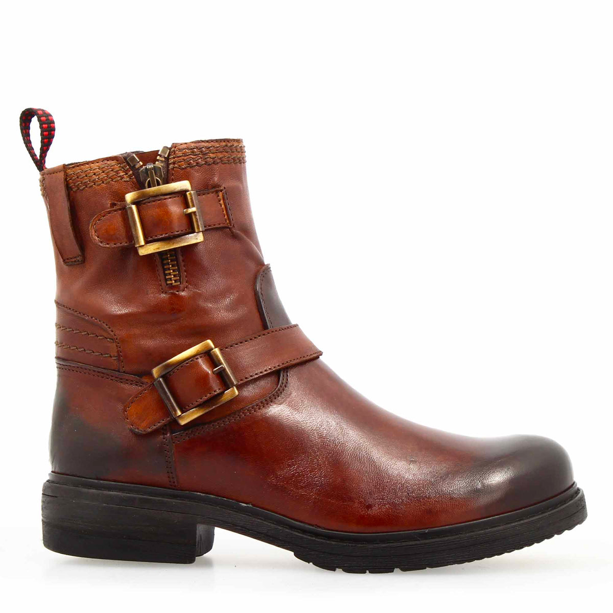 Stivaletto da donna con doppia fibbia in vera pelle colore marrone - LeonardoShoes