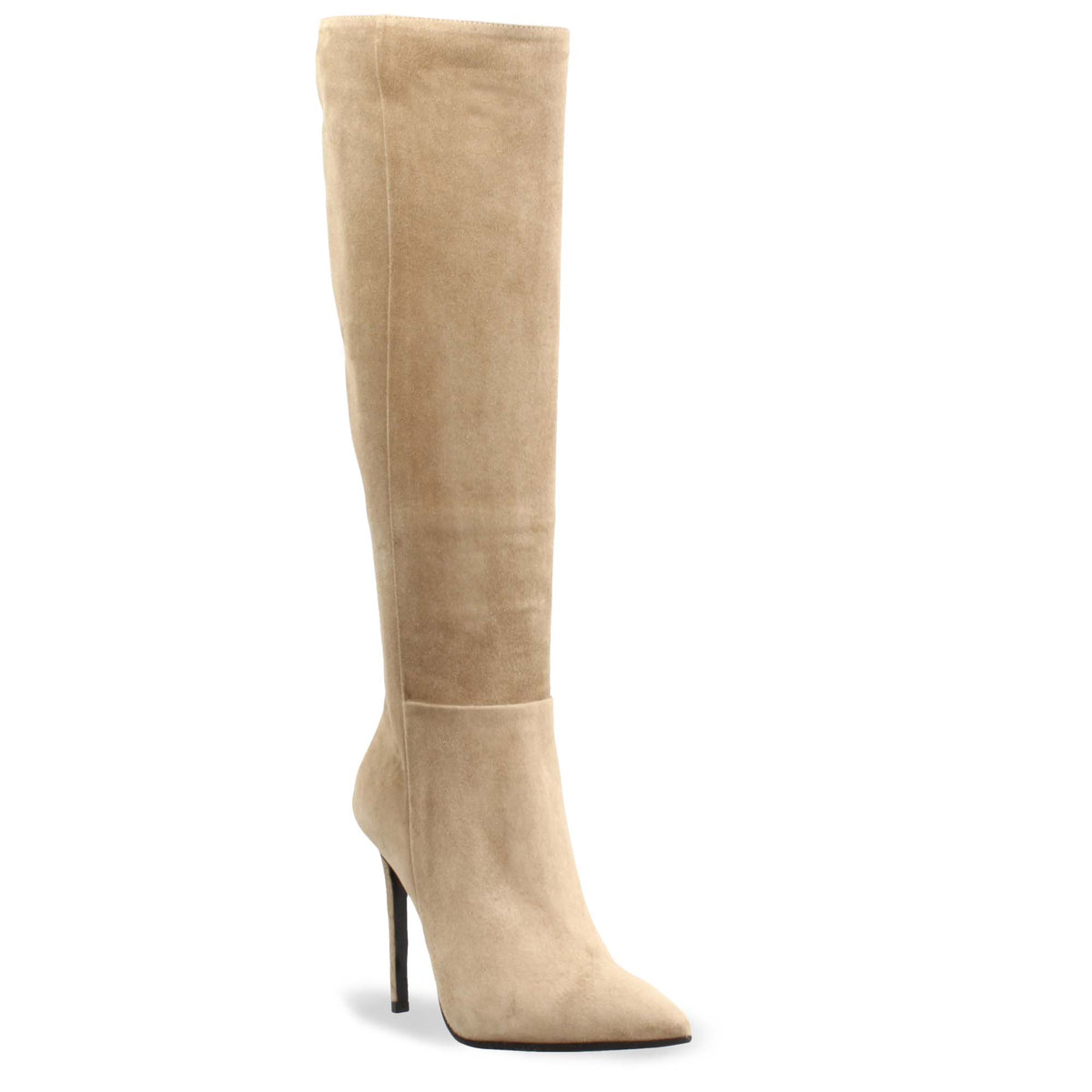 Stivali al ginocchio a punta con tacco a spillo da donna in camoscio beige - LeonardoShoes