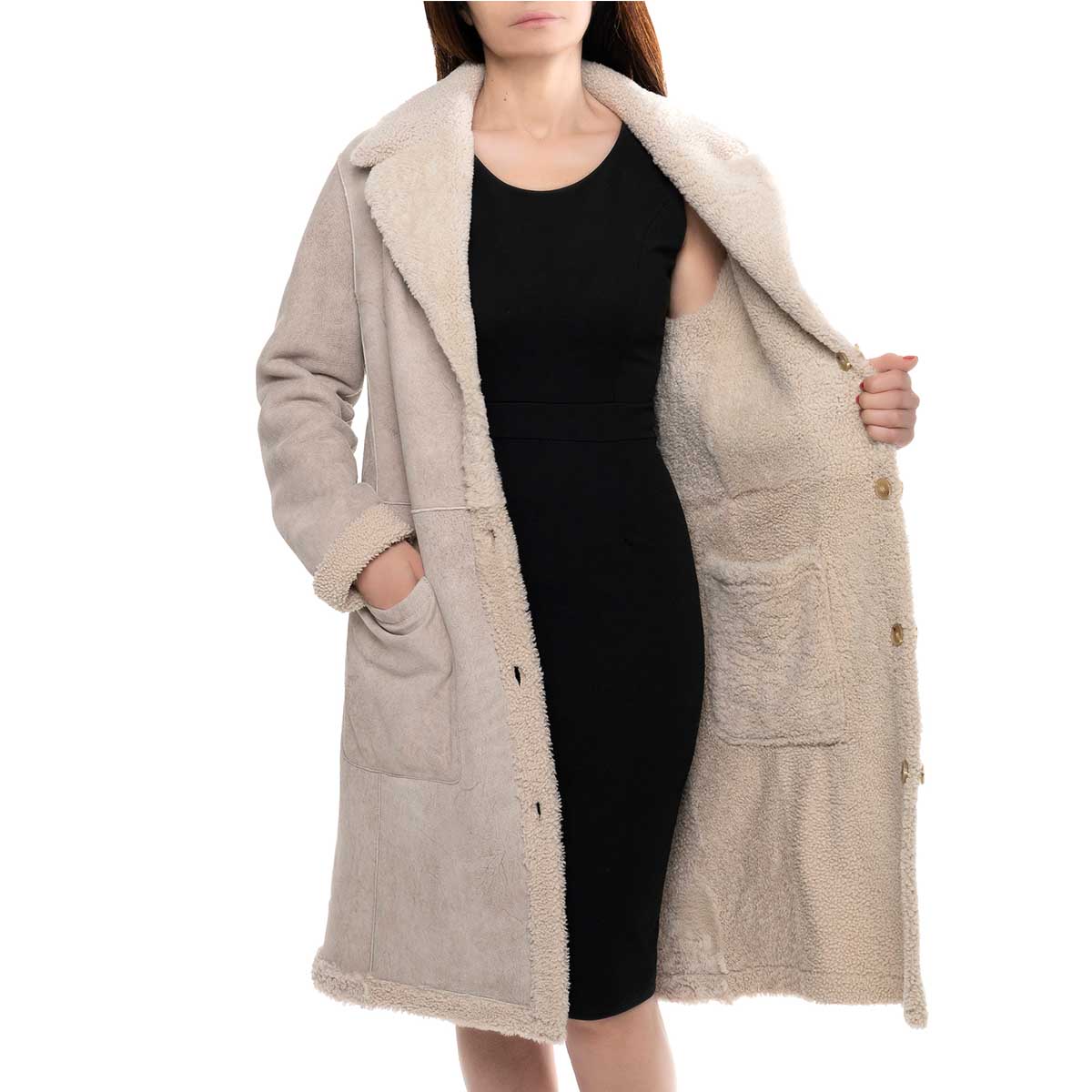 Cappotto reversibile doppio petto lungo da donna beige - LeonardoShoes