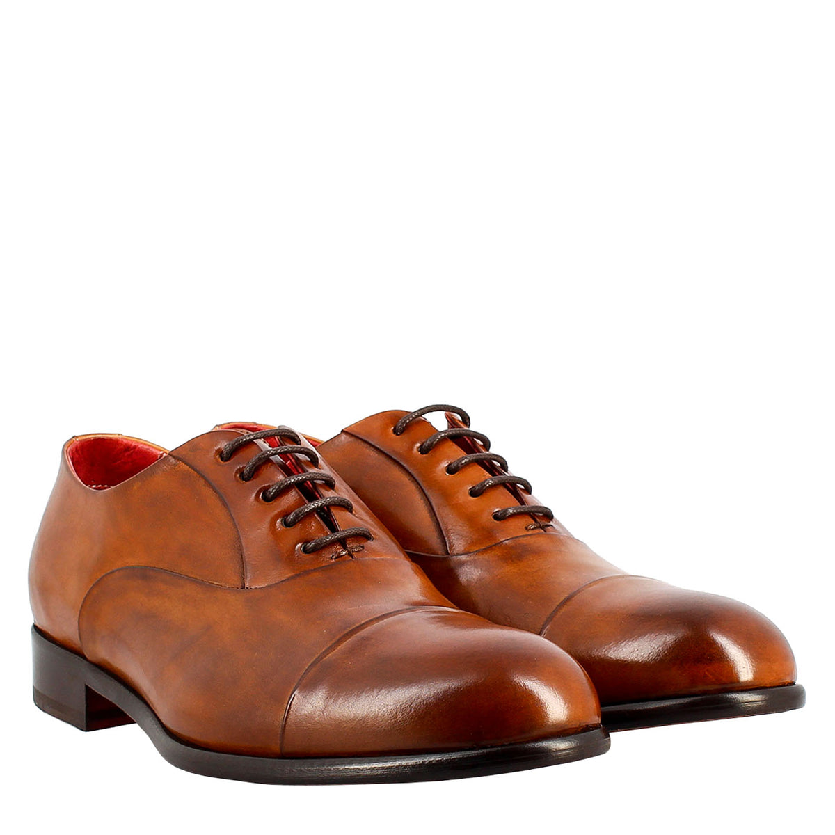Oxford marrone elegante da uomo in pelle e fodera rossa - LeonardoShoes
