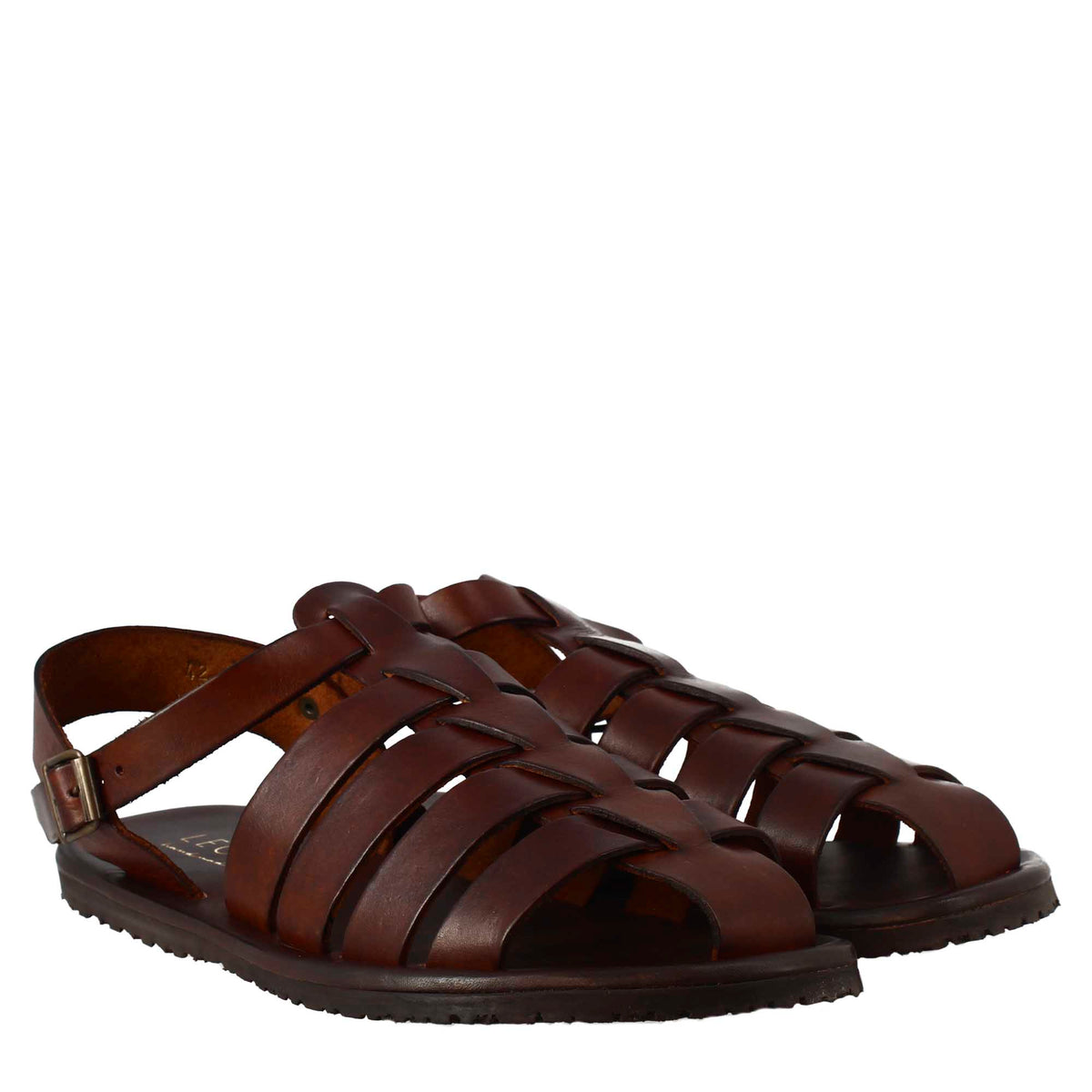 Sandali francescani da uomo fatti a mano in pelle marrone con cinturino alla caviglia - LeonardoShoes