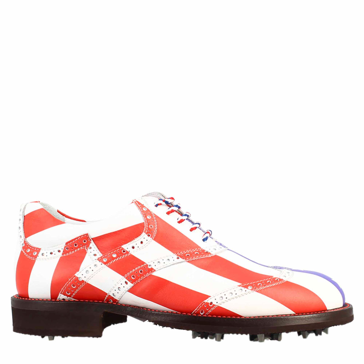 Scarpe da golf USA blu rosso e bianco dettagli brogue artigianali in pelle - LeonardoShoes